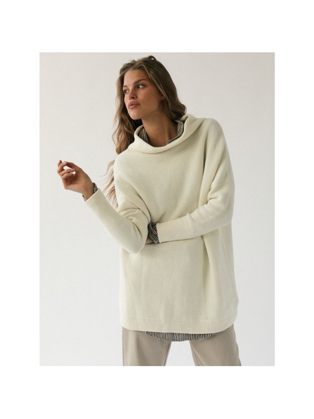 Free People Ottoman Slouchy Tunic Sweater Ivory Cream Mock Neck Oversized Cozy - Picture 8 of 14